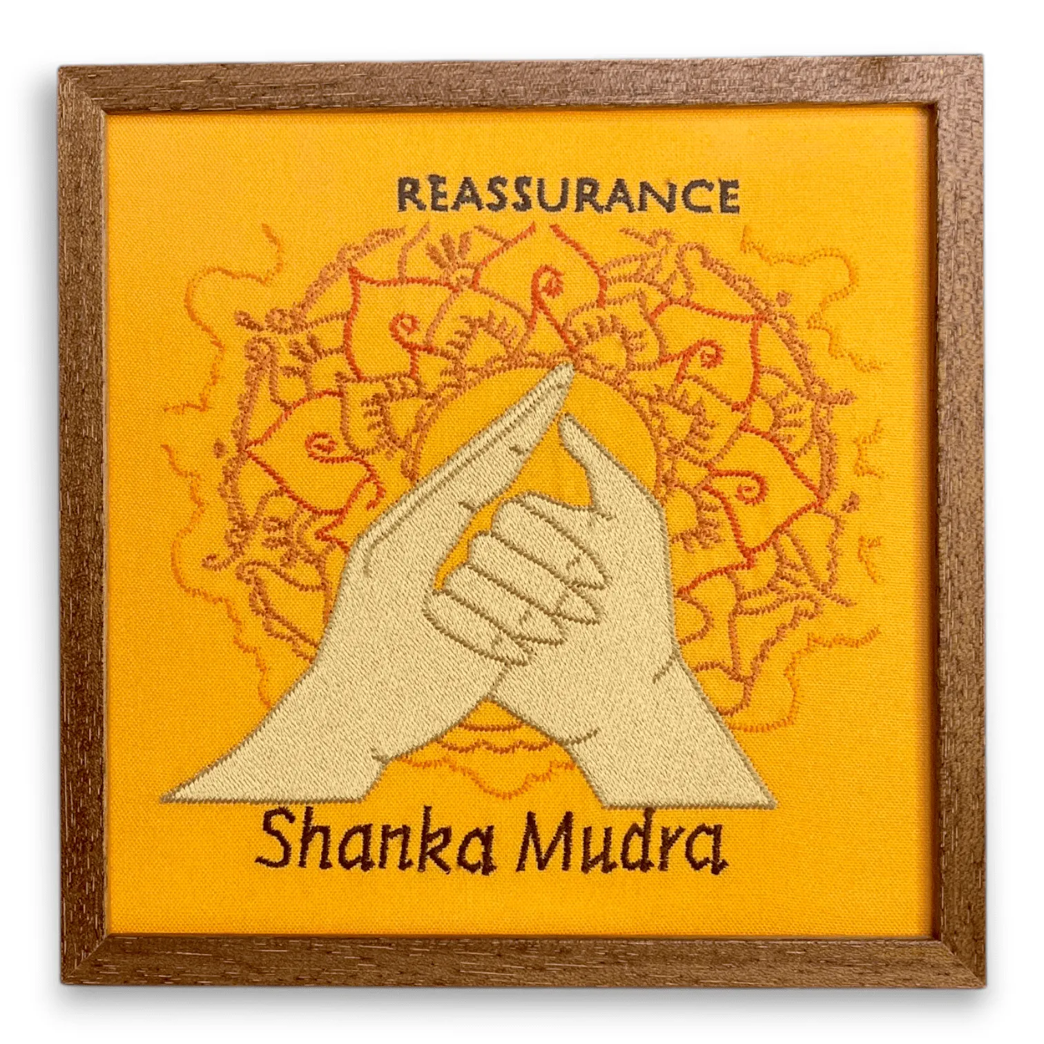 картина оберіг мудра спокою shanka mudra 24х24 помаранчевий котон рамка зі склом